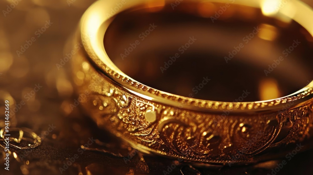 Close-up of a beautifully crafted golden ring showcasing intricate engravings and a glossy finish on a reflective surface. Close-up of a beautifully crafted golden ring showcasing intricate engravings and a glossy finish on a reflective surface.