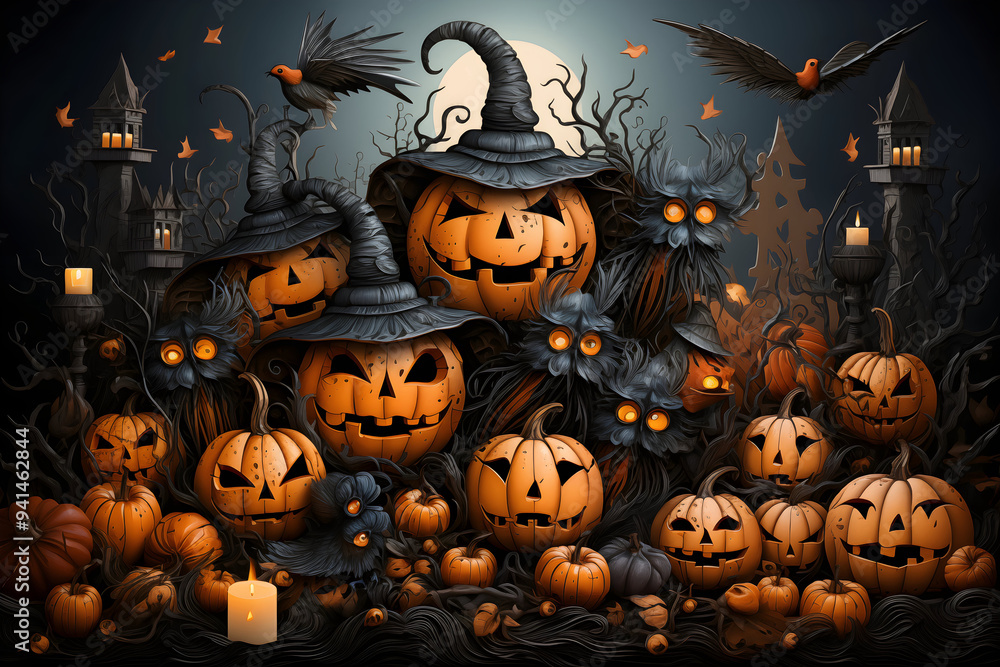 Stylish Happy Halloween background. Spooky creatures, carved pumpkin heads, bats, candles and typical Halloween elements. For invitation cards, wallpaper, poster, banner, backdrop etc. Stylish Happy Halloween background. Spooky creatures, carved pumpkin heads, bats, candles and typical Halloween elements. For invitation cards, wallpaper, poster, banner, backdrop etc.