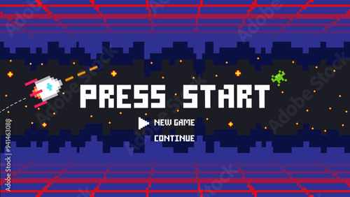 PRESS START INSERT ,NEW GAME,CONTINUE .pixel art .8 bit game.retro game. for game assets in vector illustrations.Retro Futurism Sci-Fi Background. glowing neon grid.and stars from vintage arcade comp	