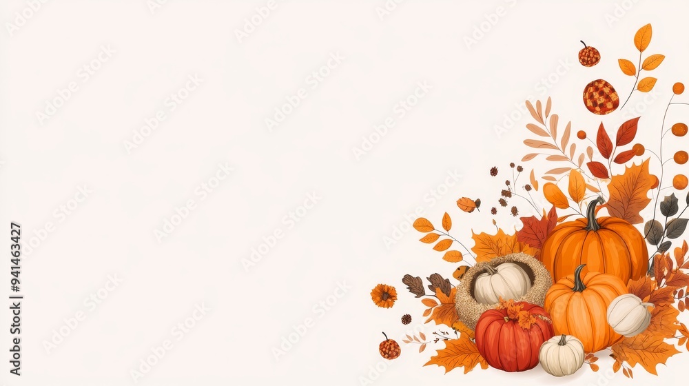 Fototapeta premium Harvest Bounty - Festive Autumn Illustration with Pumpkins, Cornucopia, and Fall Foliage on Warm Background for Marketing Design
