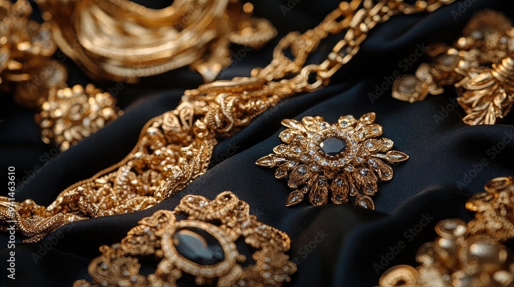 Luxurious gold jewelry intricately designed, showcasing elegance and sophistication on an elegant black fabric background. Luxurious gold jewelry intricately designed, showcasing elegance and sophistication on an elegant black fabric background.