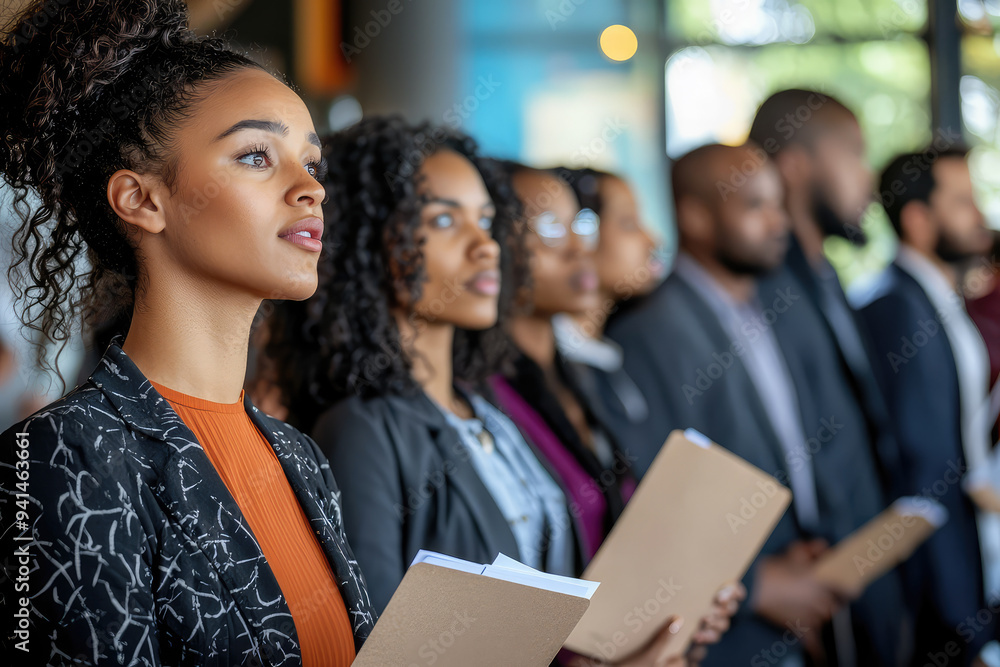A diverse group of candidates waiting anxiously for their turn, embodying hope, determination, and anticipation for career opportunities. A diverse group of candidates waiting anxiously for their turn, embodying hope, determination, and anticipation for career opportunities.
