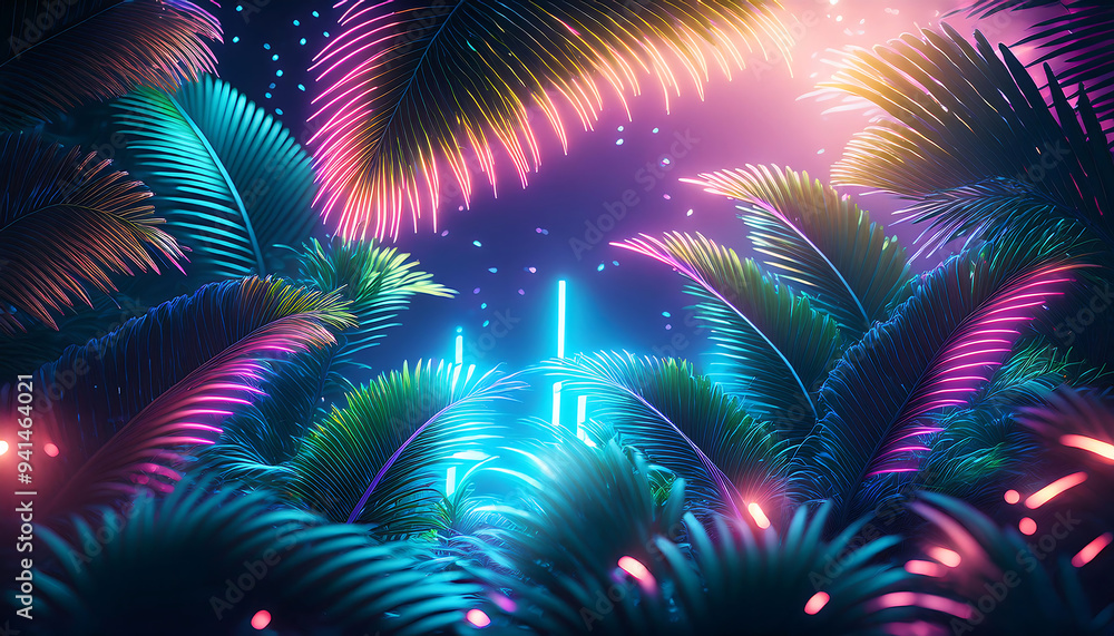 © Galeno - firefly neon tropical background neon light palm tree leaves vibrant atmosphere © Galeno - firefly neon tropical background neon light palm tree leaves vibrant atmosphere