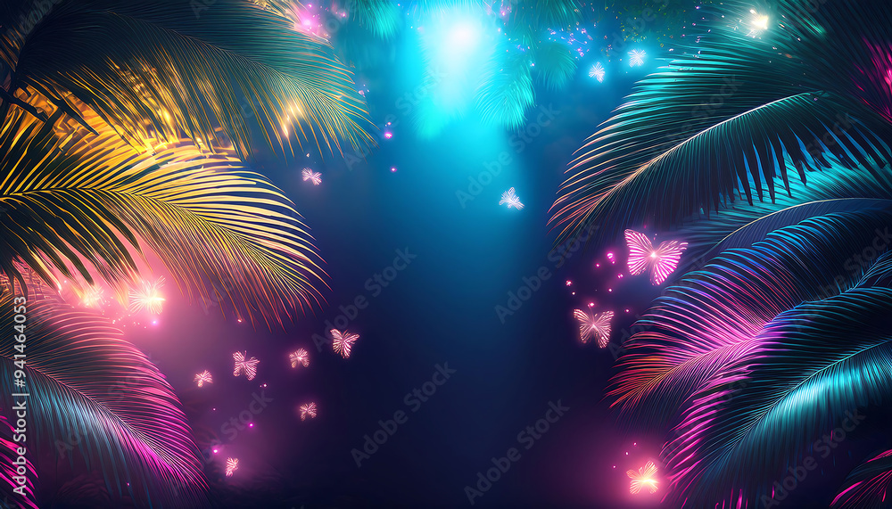 firefly neon tropical background neon light palm tree leaves vibrant atmosphere firefly neon tropical background neon light palm tree leaves vibrant atmosphere