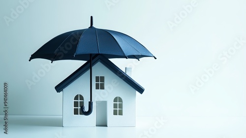 Insurance for home protection. Umbrella on a model house represents insurance concepts like property insurance, mortgage insurance, and risk management. The image portrays a white background 