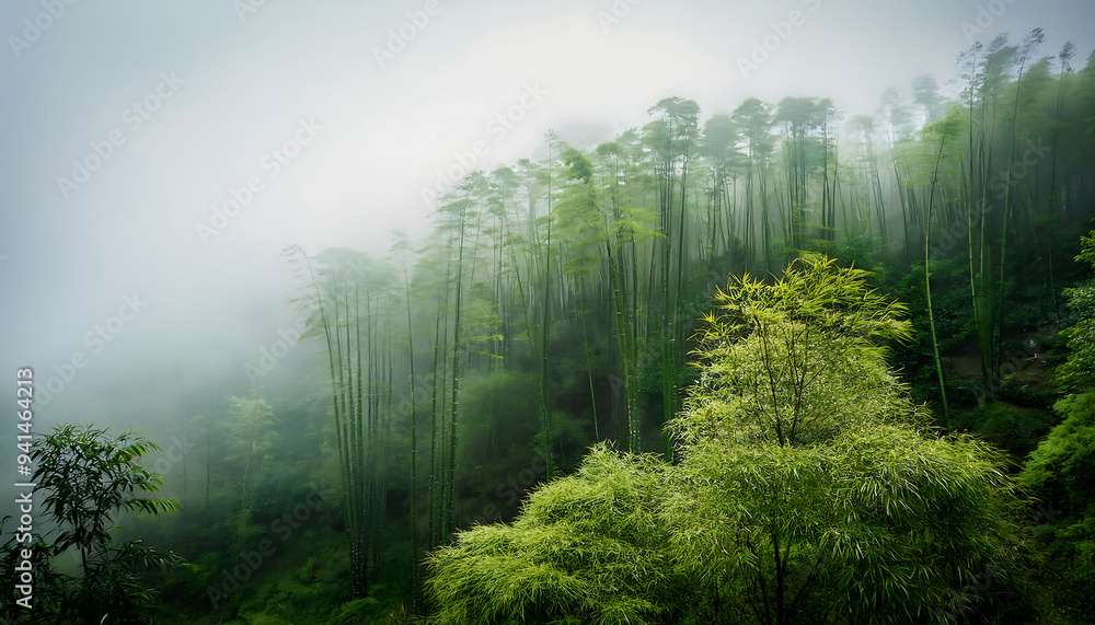 Fototapeta premium foggy asian mountain bamboo forest lush green trees