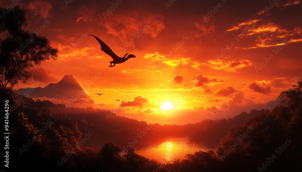 Fototapeta premium A breathtaking sunset over a serene landscape, featuring a flying dinosaur silhouette against vibrant orange hues.