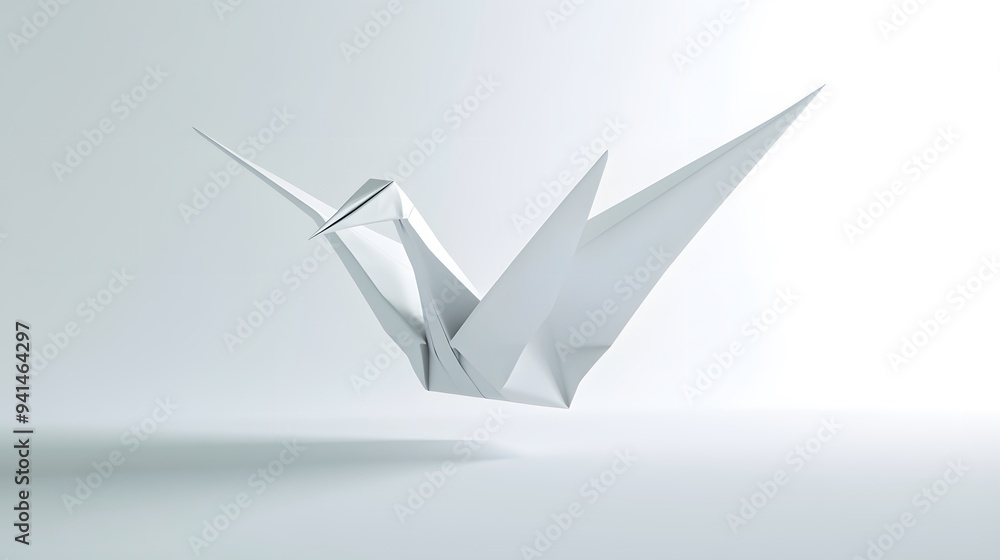 Naklejka premium CG Floating Paper Crane: A detailed CG origami paper crane, floating delicately on a clean white background. 