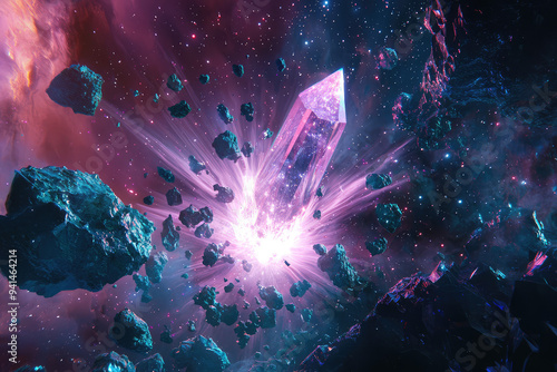 A dazzling crystal-powered spaceship radiates vibrant energy, amidst cosmic beauty and a shower of celestial debris. photo