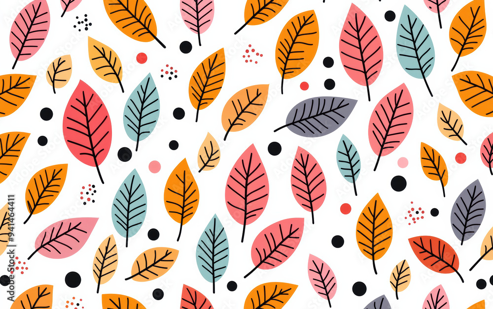 Colorful pattern of autumn leaves in various shapes and shades, complemented by black and red polka dots on a white background. Colorful pattern of autumn leaves in various shapes and shades, complemented by black and red polka dots on a white background.