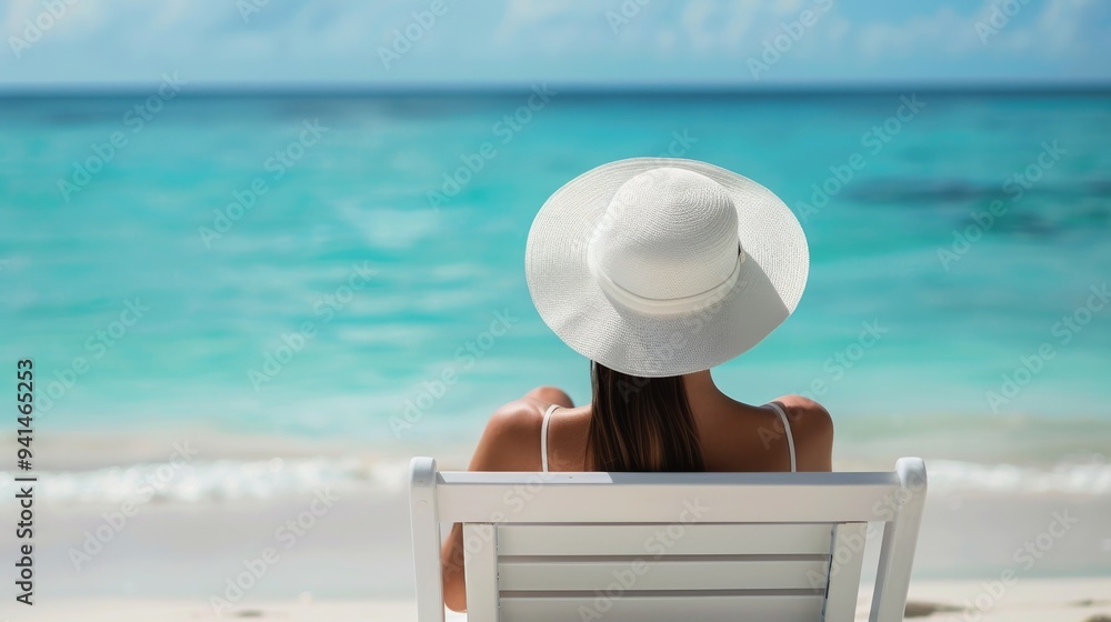 Back view of woman wearing a white hat, sitting on a chair facing the turquoise ocean. Perfect beach day, clear sky and serene waves create a tranquil vacation atmosphere in this idyllic scene. Back view of woman wearing a white hat, sitting on a chair facing the turquoise ocean. Perfect beach day, clear sky and serene waves create a tranquil vacation atmosphere in this idyllic scene.