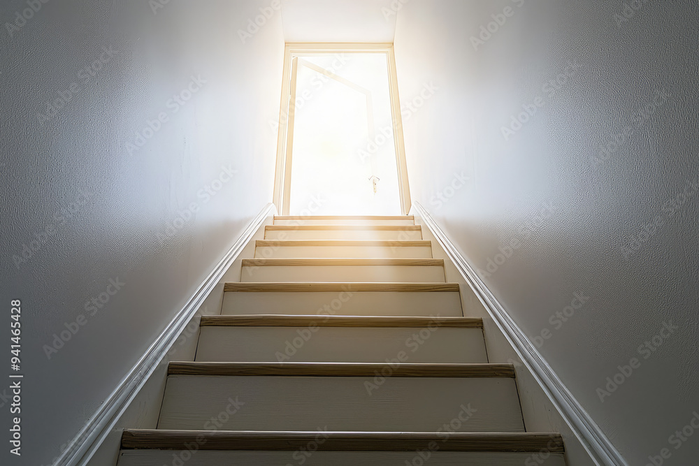 A ladder gracefully leads towards a radiant open door, symbolizing hope and new beginnings bathed in serene light. A ladder gracefully leads towards a radiant open door, symbolizing hope and new beginnings bathed in serene light.