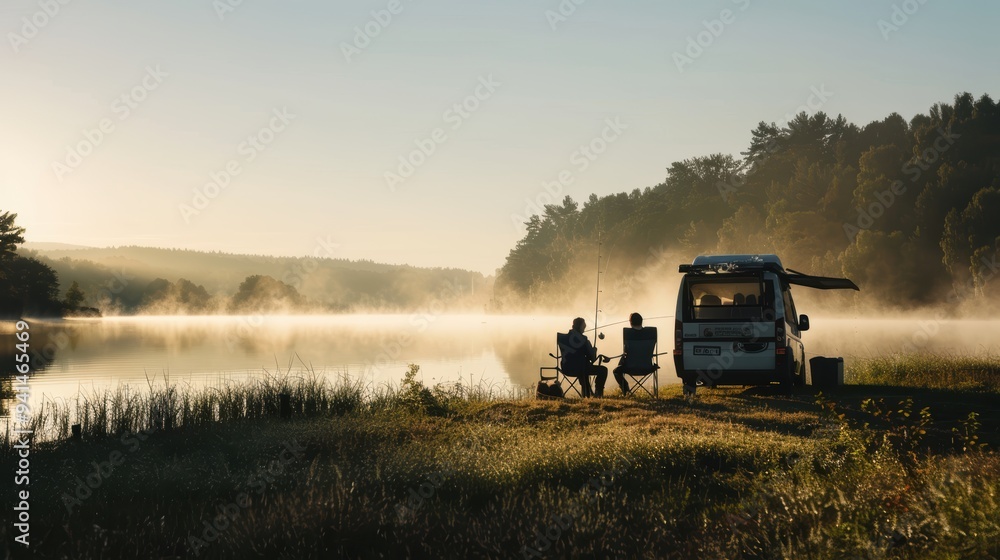 Fototapeta premium Two fishermen are enjoying a relaxing morning of fishing by the lake at sunrise