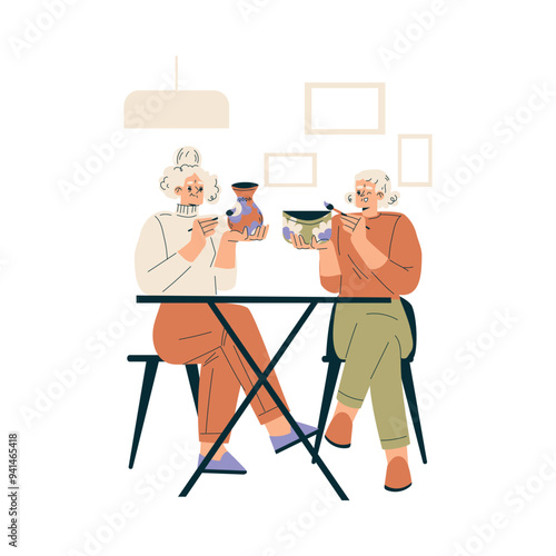 Nursing Home with Retired Woman Friend Character Engaged in Pottery Vector Illustration