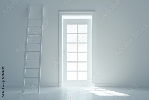 A ladder leads to a bright doorway, symbolizing opportunities and new beginnings in a minimalistic, serene atmosphere.