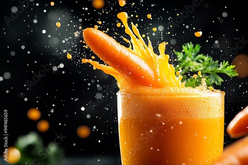 A carrot juice being freshly squeezed into a glass, with the juice splashing up in an energetic burst photo