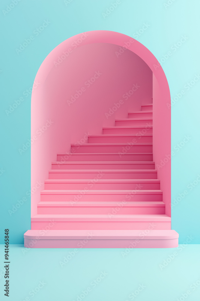Obraz premium A vibrant, modern staircase painted in pastel pink with an arched entryway against a turquoise background, showcasing minimalist interior design.