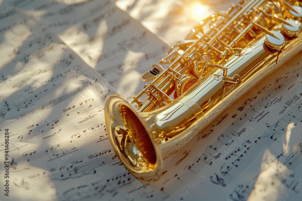 Naklejka premium The Radiant Golden Saxophone Resting on Musical Sheets Evokes Melodic Dreams and Timeless Composition