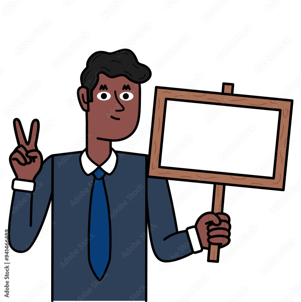 Cheerful black businessman holding wooden board.eps Cheerful black businessman holding wooden board.eps