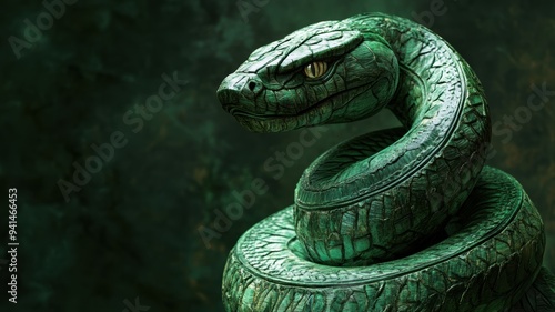 Green wooden snake wrapped around jade, intricate carving design. photo