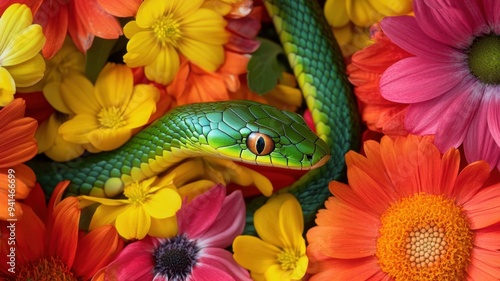 Green wooden snake coiled a...