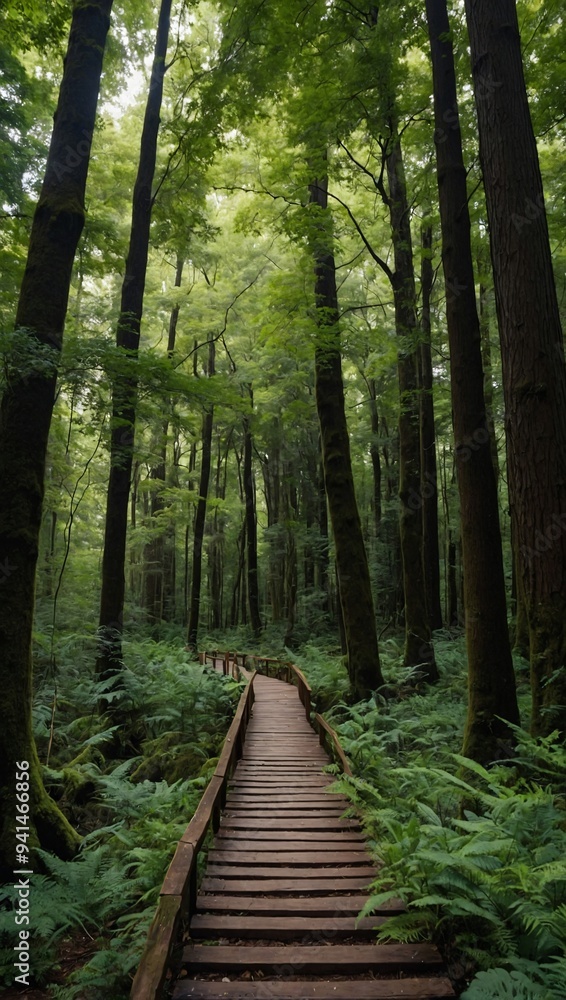 A dense forest pathway, surrounded by towering trees, promises a peaceful nature walk A dense forest pathway, surrounded by towering trees, promises a peaceful nature walk