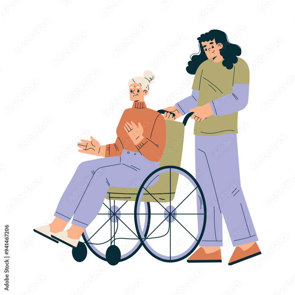 Nursing Home with Retired Woman Character on Wheelchair with Assistant Vector Illustration Nursing Home with Retired Woman Character on Wheelchair with Assistant Vector Illustration