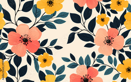 Elegant floral pattern with peach and yellow flowers, dark leaves over beige background, perfect for fabric, wallpaper, and gift wrapping.