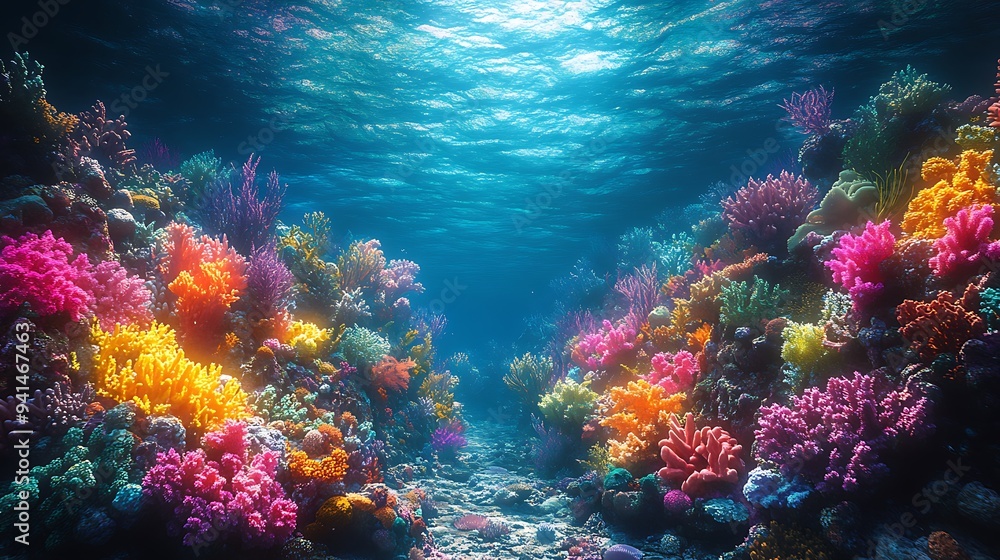 Vibrant coral reef teeming with life in a clear blue ocean. Vibrant coral reef teeming with life in a clear blue ocean.