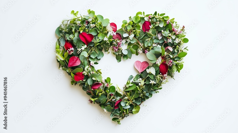 Heart-shaped arrangement of fresh flowers and leaves with vibrant red petals crafted on a light background for romantic decor Heart-shaped arrangement of fresh flowers and leaves with vibrant red petals crafted on a light background for romantic decor