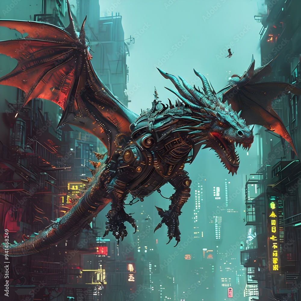 a steampunk dragon flying over a cyberpunk city a steampunk dragon flying over a cyberpunk city