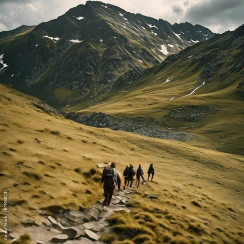 Hikers exploring a remote mountain pass.
