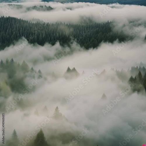 Aerial footage of a dense, misty forest.
