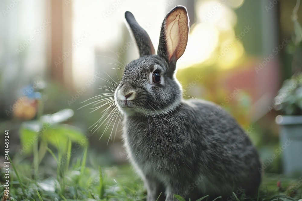 Softly illuminated gray rabbit with shallow depth of field in garden. Softly illuminated gray rabbit with shallow depth of field in garden.