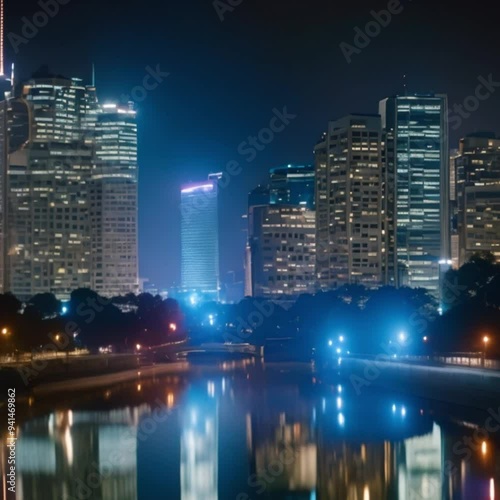 Time-lapse of city lights reflecting on a river at night.