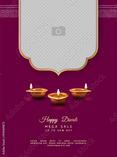 Diwali Festival sale Poster Template with empty space for photo image, copper diya lamp and golden frame