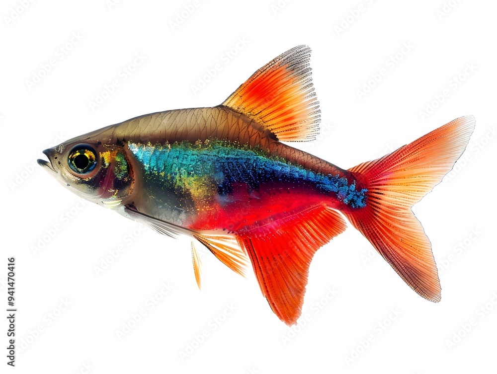 Vibrant Cardinal Tetra Fish Swimming Energetically on White Background Vibrant Cardinal Tetra Fish Swimming Energetically on White Background