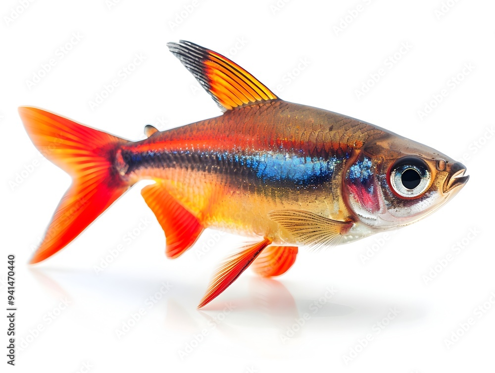 Fototapeta premium Vibrant Cardinal Tetra Swimming Energetically in Isolated White Background