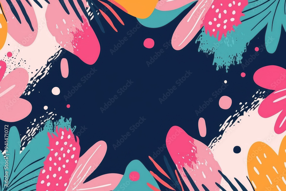 Colorful abstract background with tropical leaves and shapes in vibrant pink, blue, and orange hues. Perfect for design and decoration projects. Colorful abstract background with tropical leaves and shapes in vibrant pink, blue, and orange hues. Perfect for design and decoration projects.