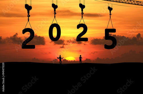Concept Happy new year Silhouette of engineer and construction to create lifting crane 2025 on sunrise background.