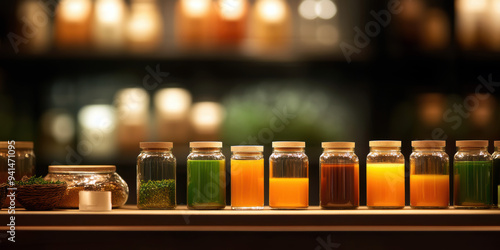 Wallpaper Mural A stunning display of colorful glass jars filled with natural juices and herbs, beautifully illuminated to showcase their vibrant hues, creating a warm and inviting atmosphere. Torontodigital.ca