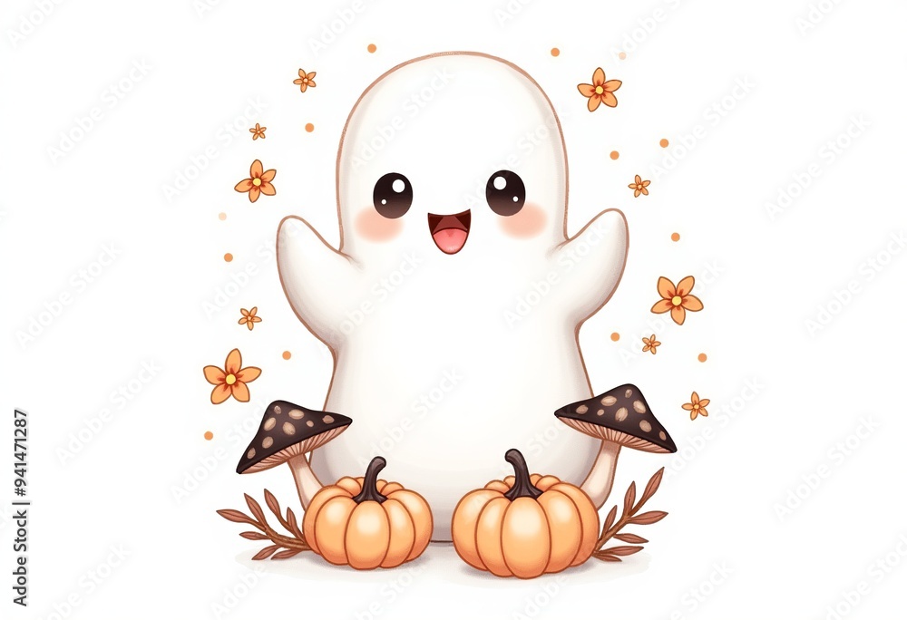 Cute Ghost Doodle Tattoo Design with Flowers, Mushrooms, and Pumpkins Cute Ghost Doodle Tattoo Design with Flowers, Mushrooms, and Pumpkins