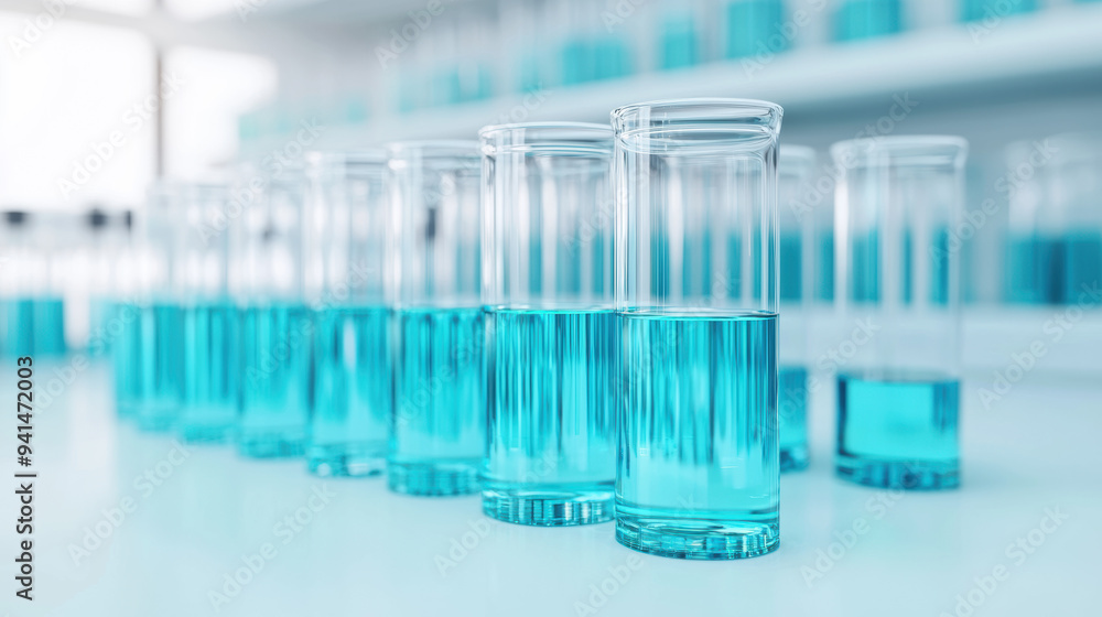 Abstract close-up of clean blue liquid in glass test tubes in a laboratory setting for medical, science, or chemistry use. Abstract close-up of clean blue liquid in glass test tubes in a laboratory setting for medical, science, or chemistry use.