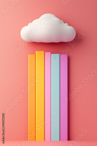 Wallpaper Mural Minimalist concept image featuring a white cloud over colorful vertical bars against a pink background. Ideal for creative designs and modern themes. Torontodigital.ca