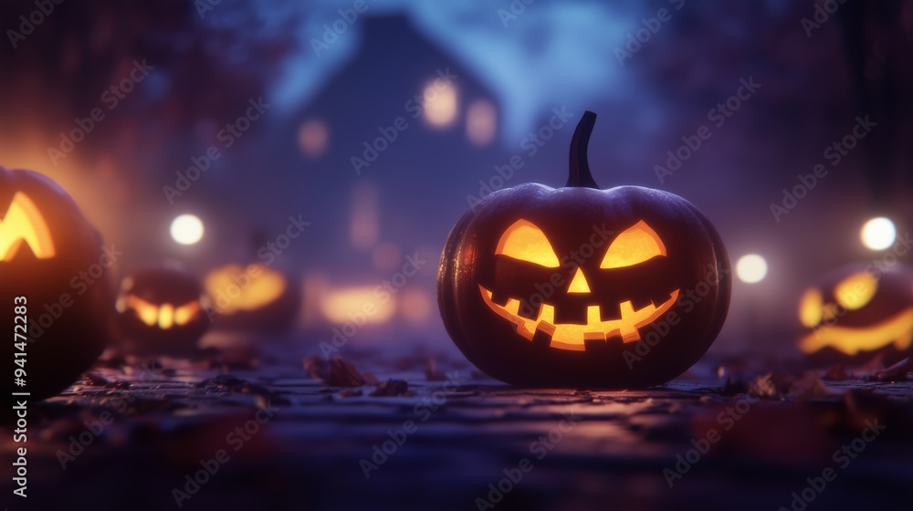 Spooky Jack-o'-Lanterns Lighting Up a Haunted Pathway Leading to a Mysterious Mansion on a Chilly Halloween Night, Creating a Dark and Eerie Atmosphere Spooky Jack-o'-Lanterns Lighting Up a Haunted Pathway Leading to a Mysterious Mansion on a Chilly Halloween Night, Creating a Dark and Eerie Atmosphere