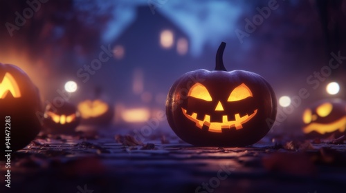 Wallpaper Mural Spooky Jack-o'-Lanterns Lighting Up a Haunted Pathway Leading to a Mysterious Mansion on a Chilly Halloween Night, Creating a Dark and Eerie Atmosphere Torontodigital.ca