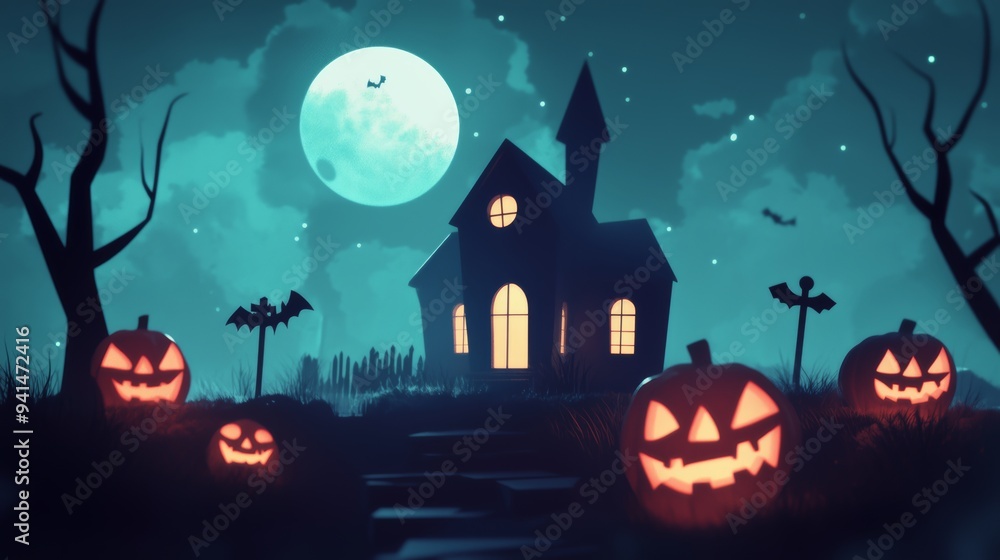 Spooky Jack-o'-Lanterns Lighting Up a Haunted Pathway Leading to a Mysterious Mansion on a Chilly Halloween Night, Creating a Dark and Eerie Atmosphere Spooky Jack-o'-Lanterns Lighting Up a Haunted Pathway Leading to a Mysterious Mansion on a Chilly Halloween Night, Creating a Dark and Eerie Atmosphere