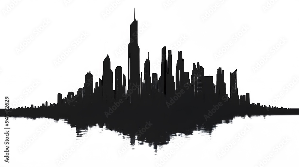 Naklejka premium CG Futuristic City Skyline Silhouette: A sleek, CG-rendered silhouette of a futuristic city skyline, set against a stark white background. 