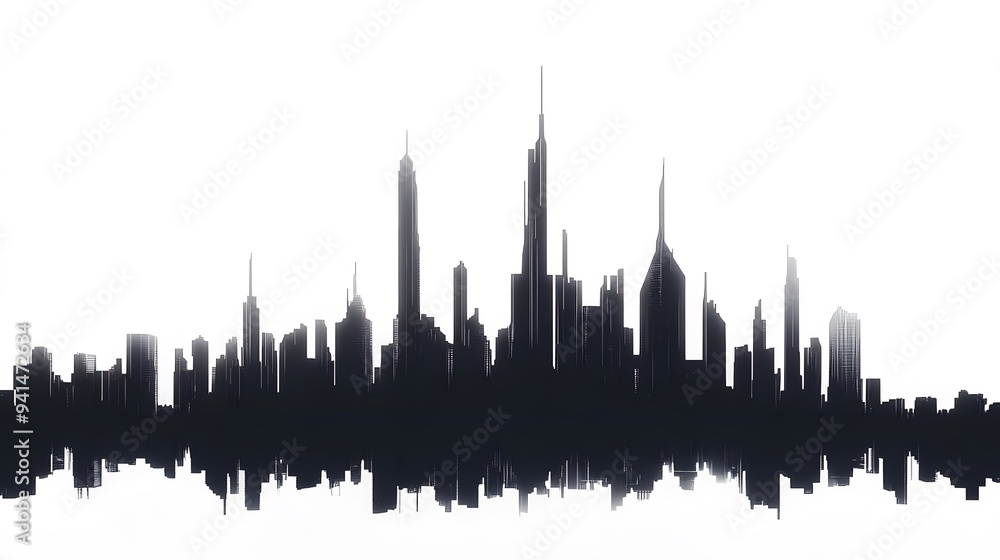 Fototapeta premium CG Futuristic City Skyline Silhouette: A sleek, CG-rendered silhouette of a futuristic city skyline, set against a stark white background. 