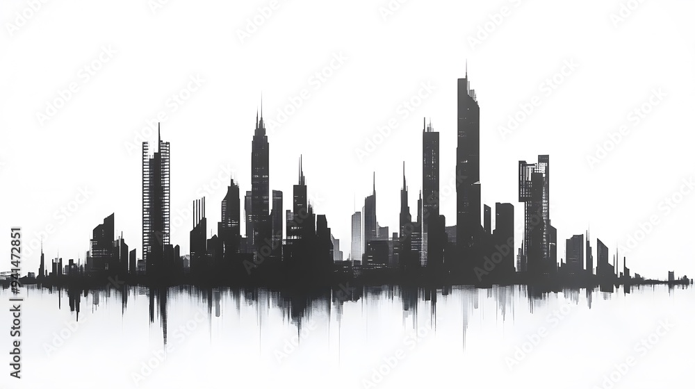 Fototapeta premium CG Futuristic City Skyline Silhouette: A sleek, CG-rendered silhouette of a futuristic city skyline, set against a stark white background.